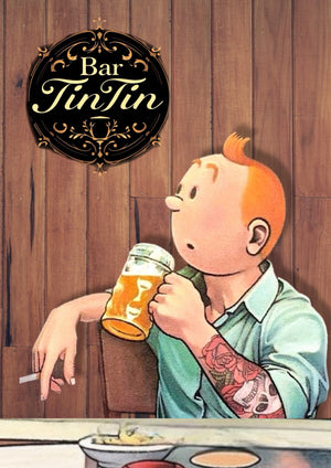 Tintin Drinking Beer Tattoo artwork printed on MDF wall poster