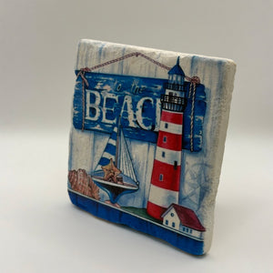 Coastal themed artwork printed on square natural travertine stone coaster