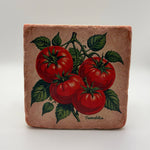 Vintage tomato artwork printed on square travertine stone coaster