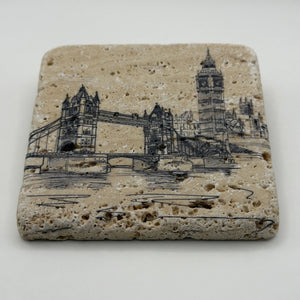 Tower Bridge and Big Ben artwork printed on square travertine stone coaster
