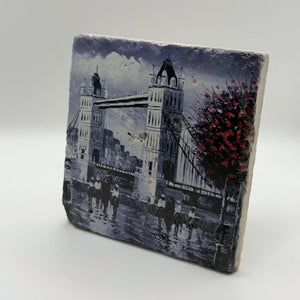 Tower Bridge iconic landmark printed on square travertine stone coaster