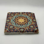 Tribal pattern artwork printed on square natural travertine stone coaster