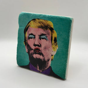 Donald Trump artwork printed on square travertine stone coaster