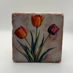 Vintage tulip artwork printed on square travertine stone coaster