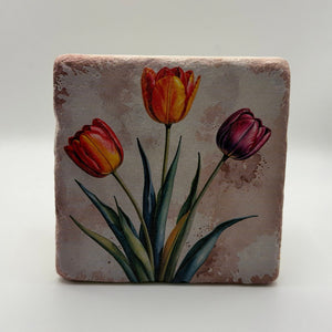 Vintage tulip artwork printed on square travertine stone coaster