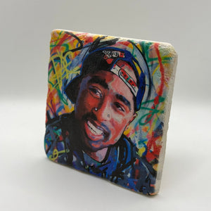Tupac Shakur artwork printed on square travertine stone coaster