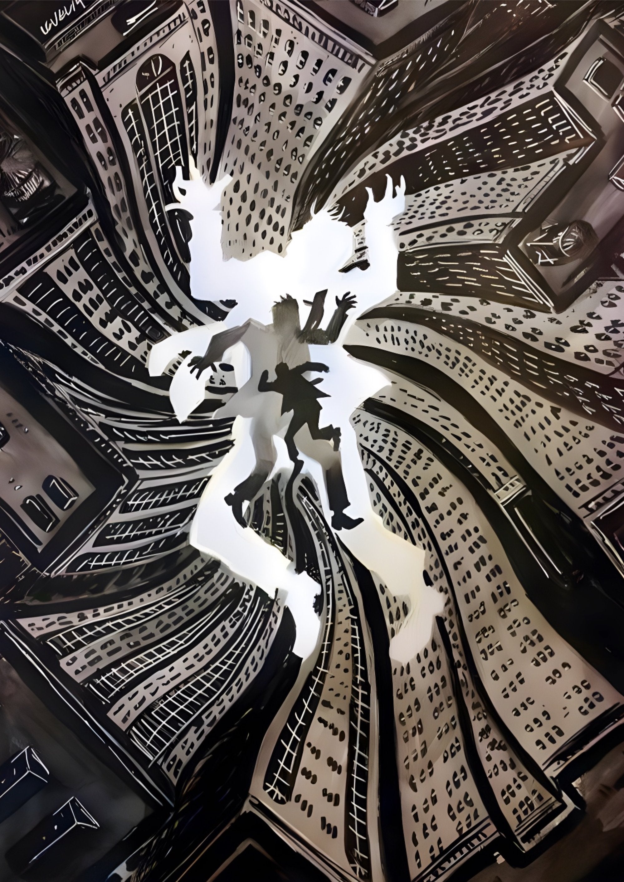 Brian Vertigo's Falling Through City artwork printed on MDF wall poster