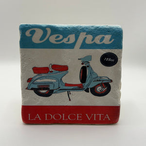 Vintage Vespa motorcycle artwork printed on square travertine stone coaster