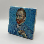 Vincent Van Gogh's selfie artwork printed on square travertine stone coaster