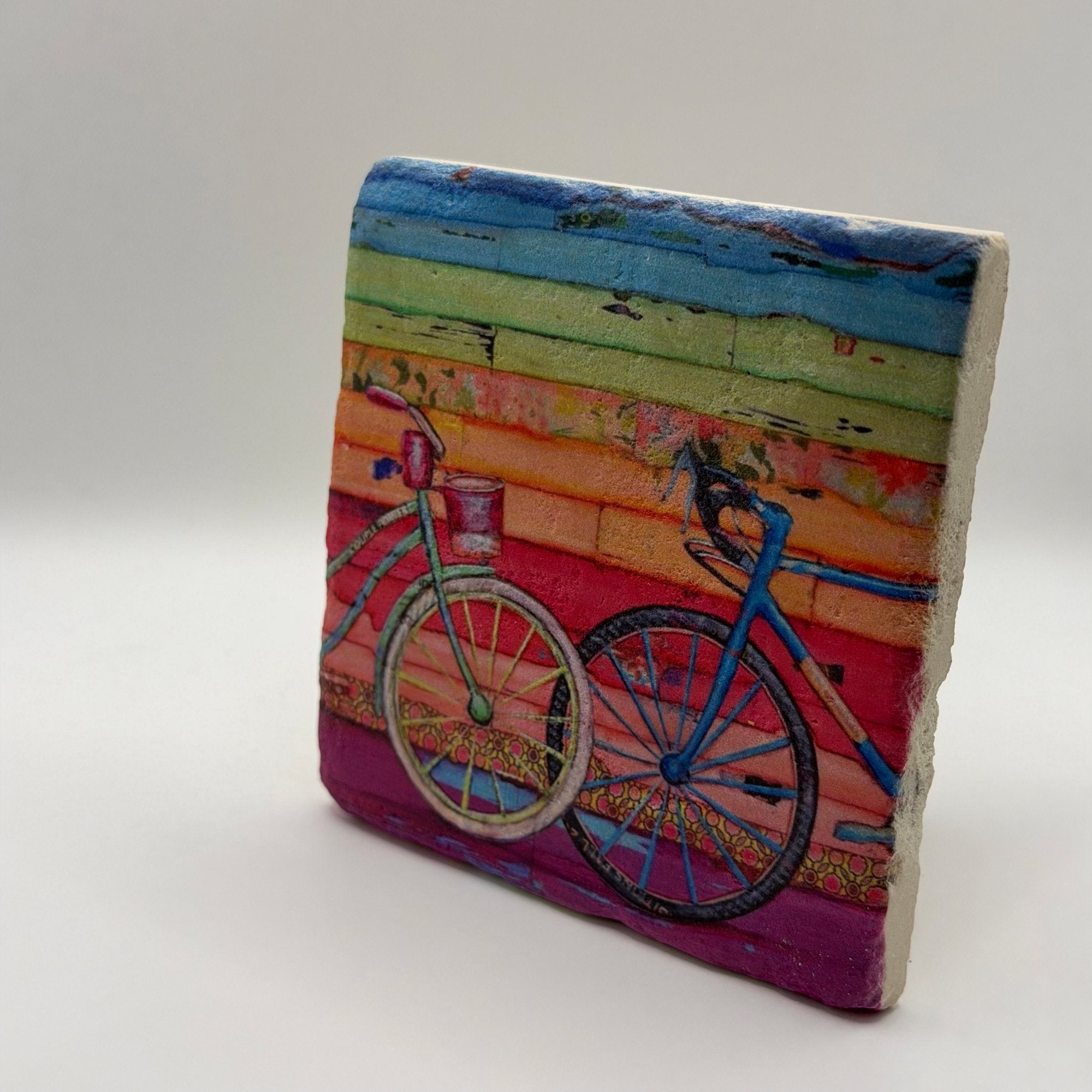Vintage bicycle artwork printed on square natural travertine stone coaster