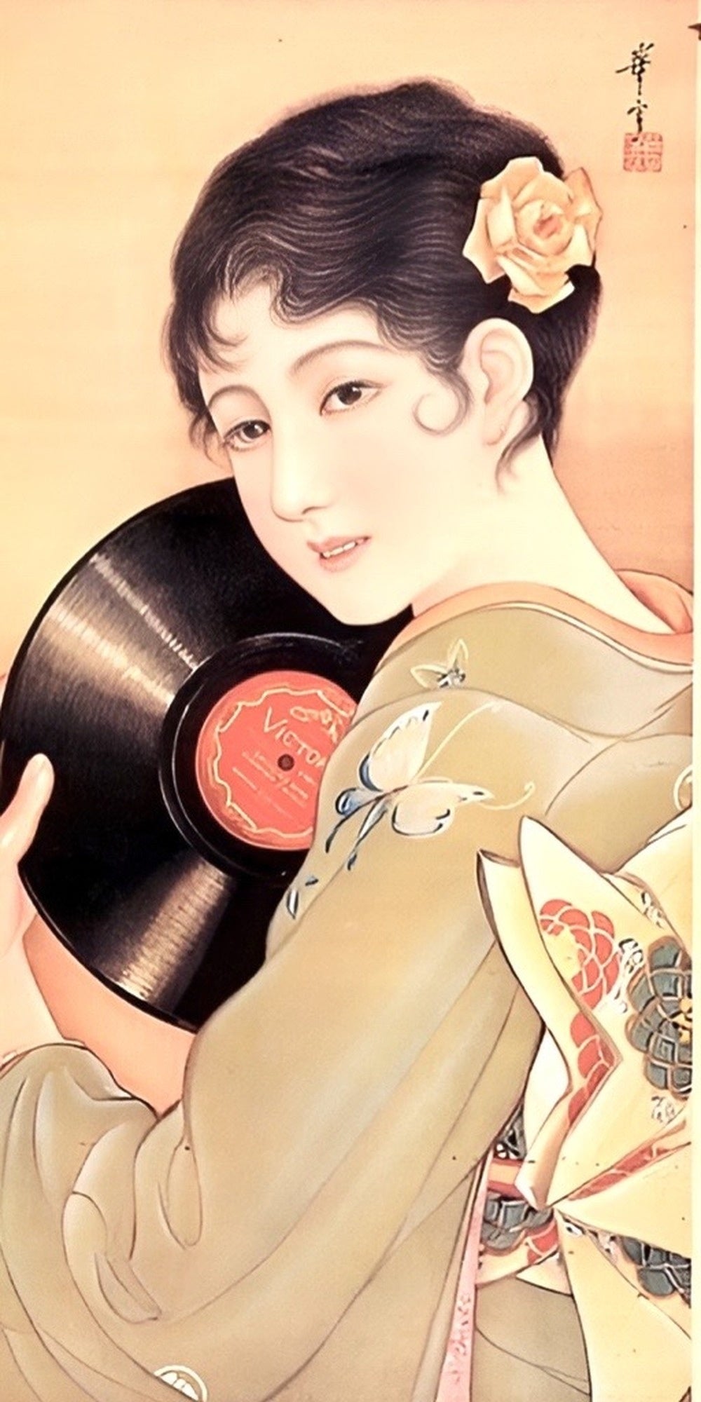 Vintage Japanese Geisha vinyl record art design displayed as a decorative MDF wall sign