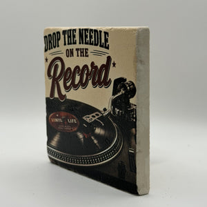 Vintage Record Natural Travertine Stone Coaster artwork
