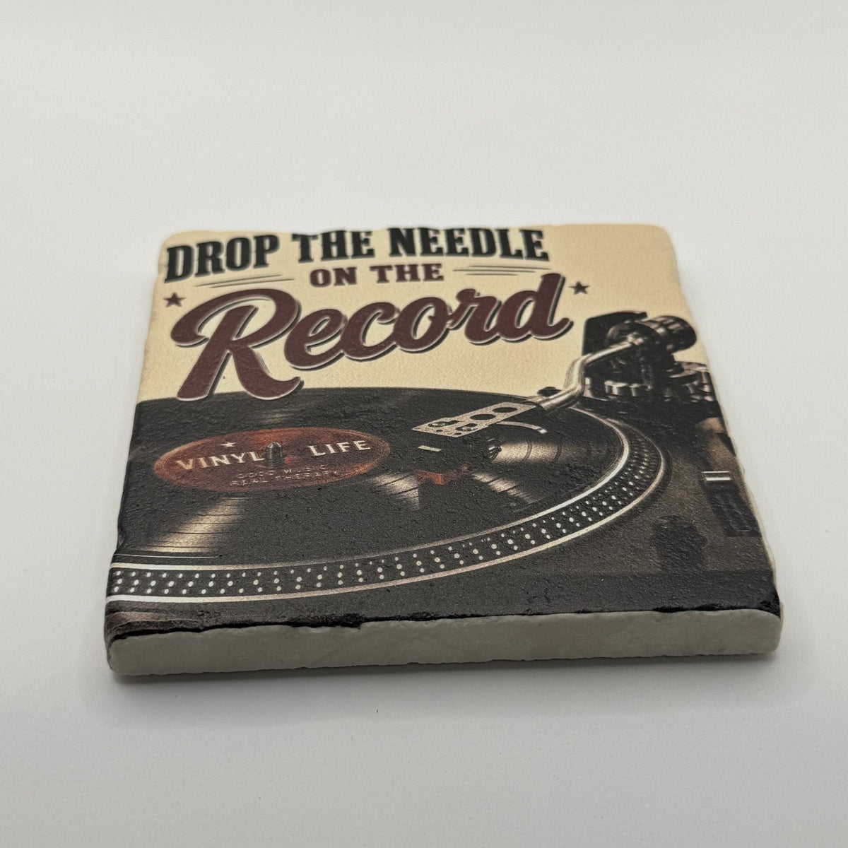 Vintage Record Natural Travertine Stone Coaster artwork