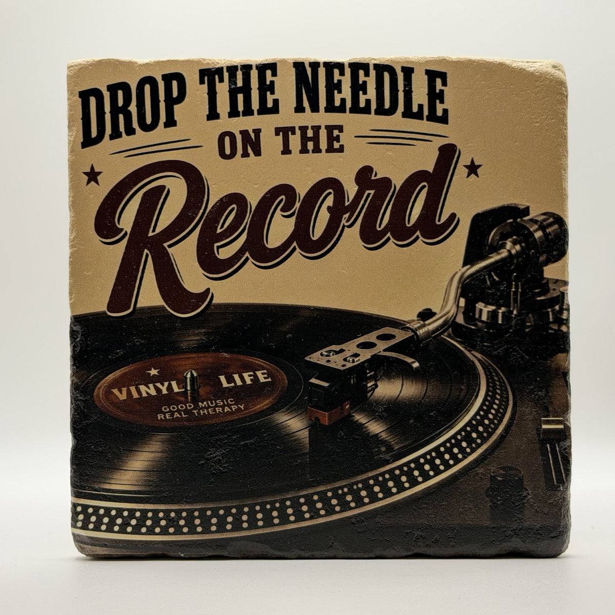Vinyl Life Drop The Needle On The Record Natural Travertine Stone Hotpad 1