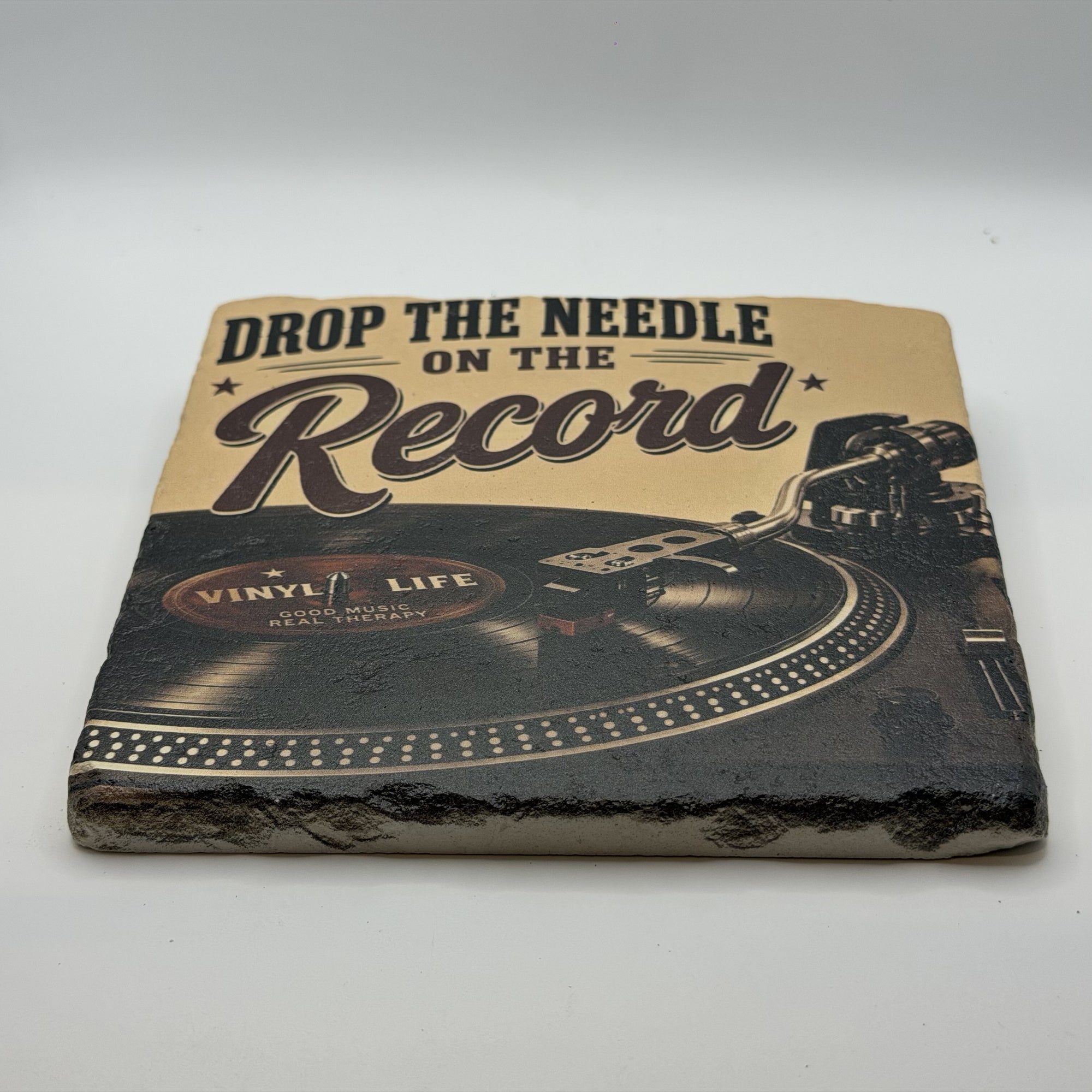 Vinyl Life Drop The Needle On The Record Natural Travertine Stone Hotpad 2