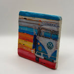 Vintage Volkswagen camper artwork printed on square travertine stone coaster