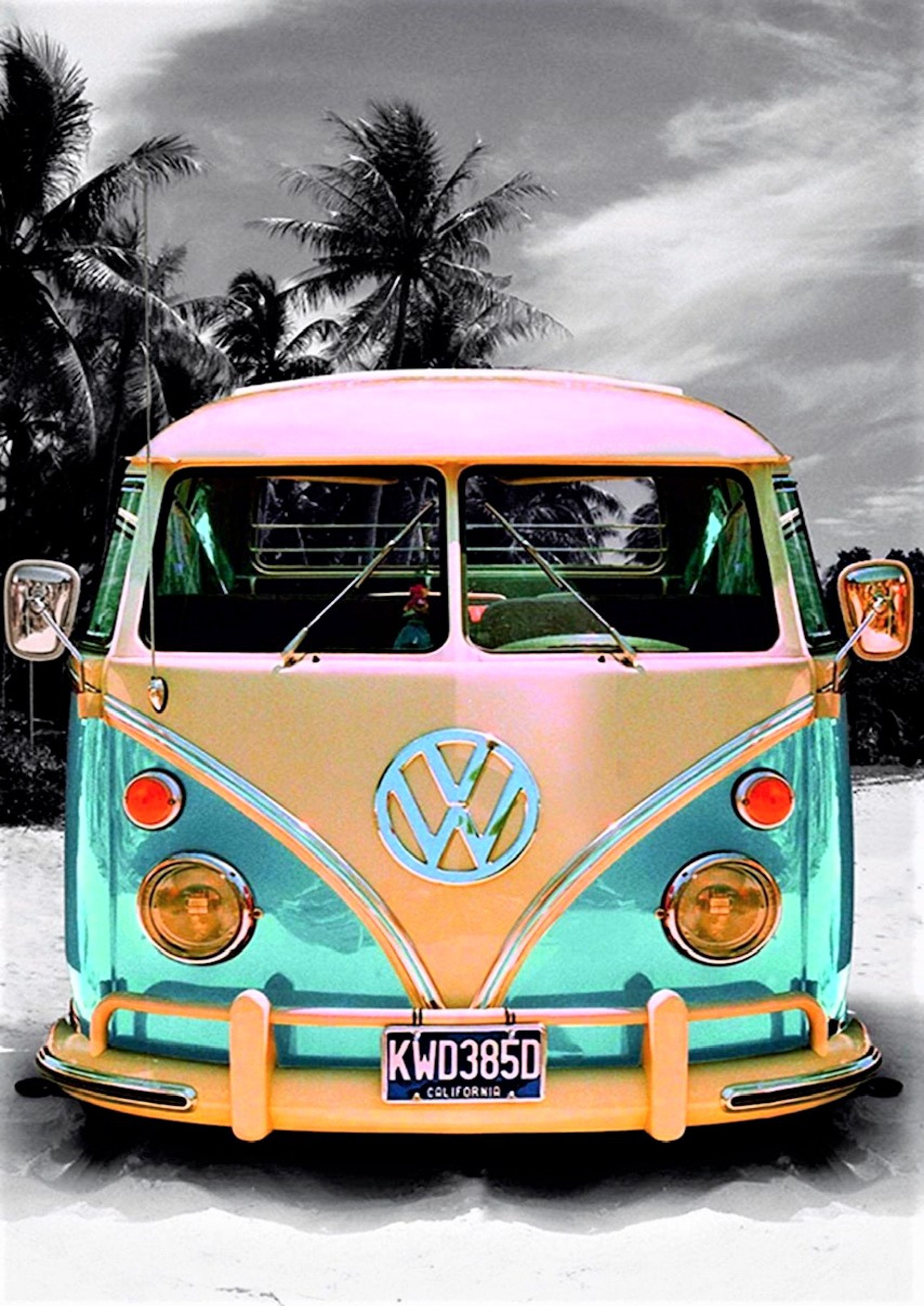 Volkswagen Van Beach Lives To Be Free artwork printed on MDF wall poster