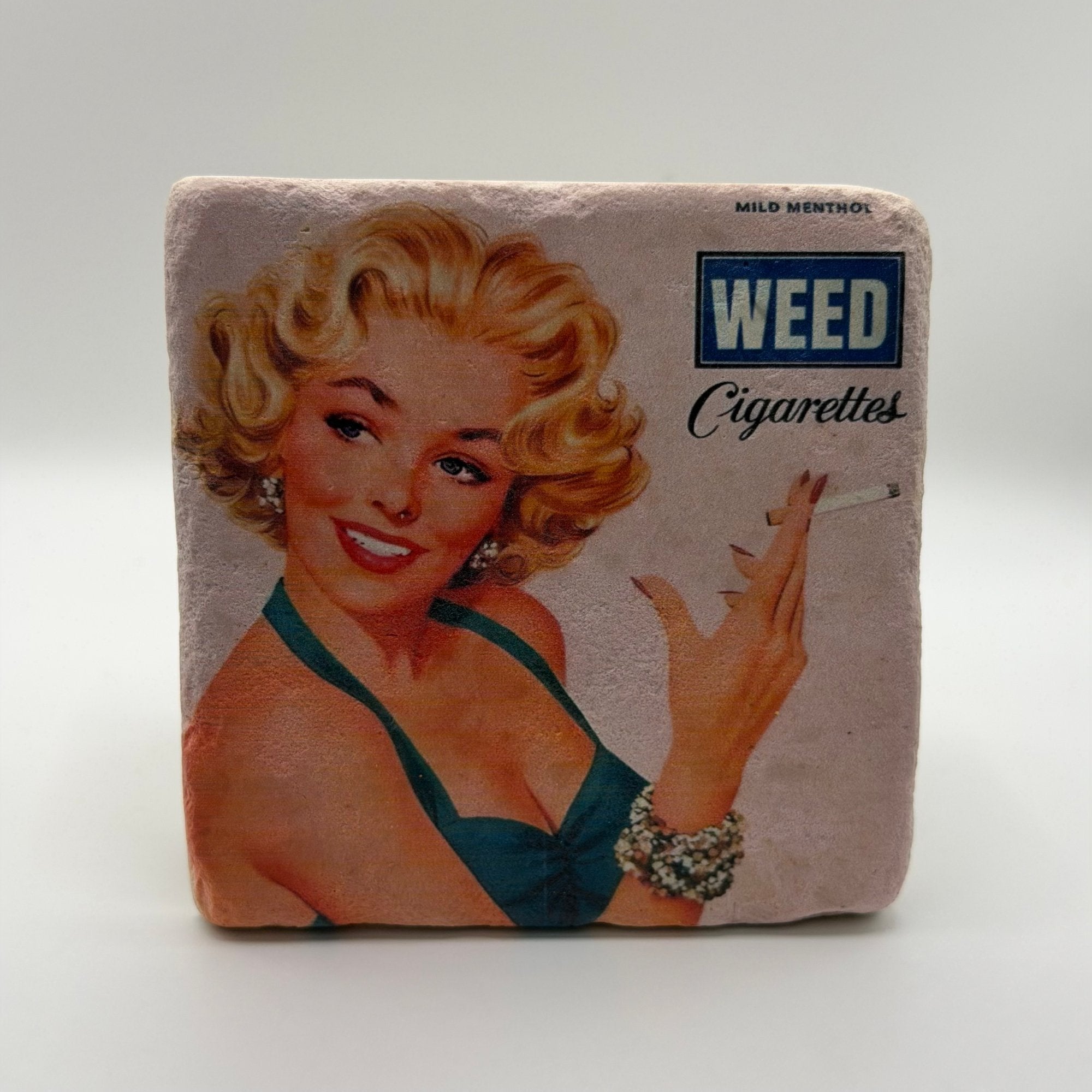 Funny retro weed cigarette slogan printed on square travertine stone coaster