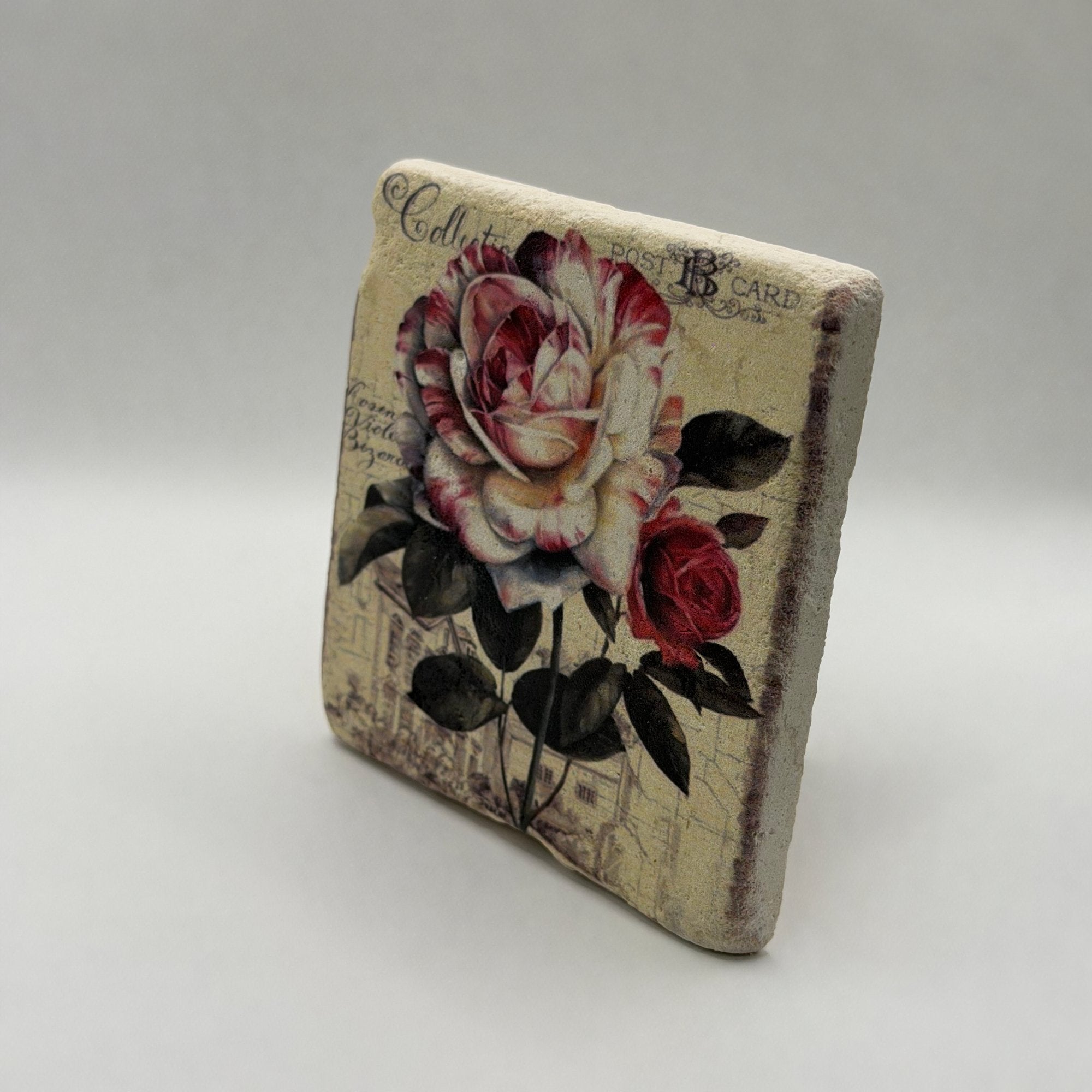 Vintage illustration of white roses printed on square travertine stone coaster