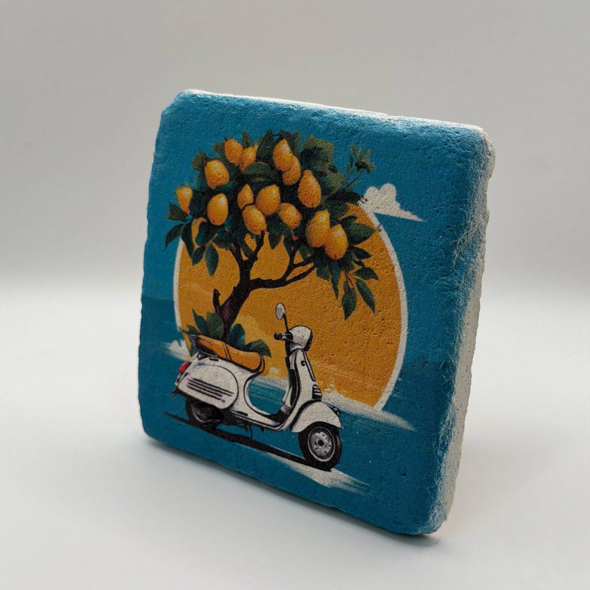 Vintage White Vespa illustration printed on square travertine stone coaster