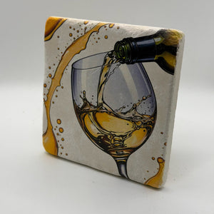 White wine-inspired design printed on square travertine stone coaster