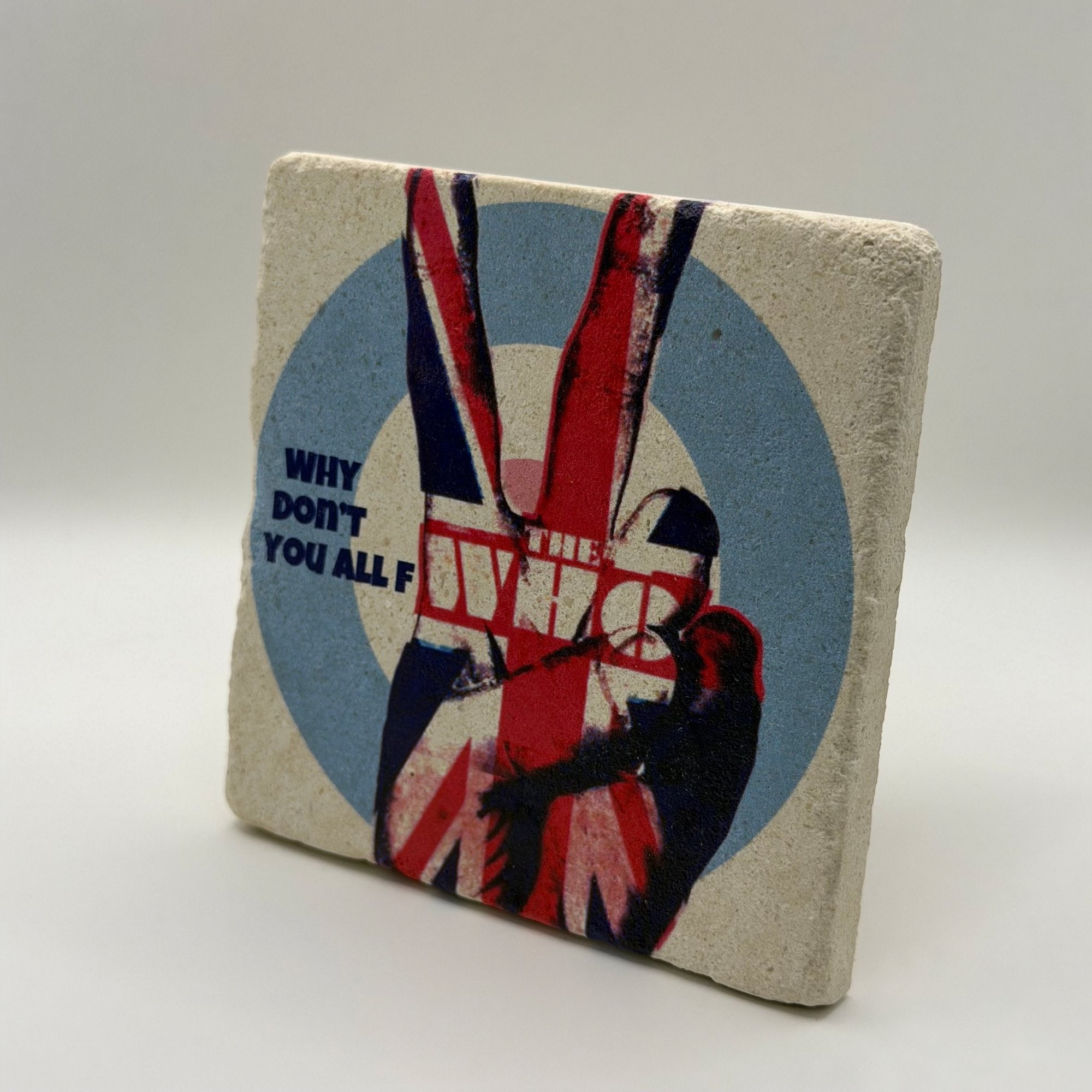 Who logo artwork printed on square travertine stone coaster