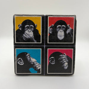 Wise monkey artwork printed on square travertine stone coaster