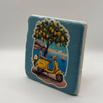 Vintage yellow scooter artwork printed on square travertine stone coaster