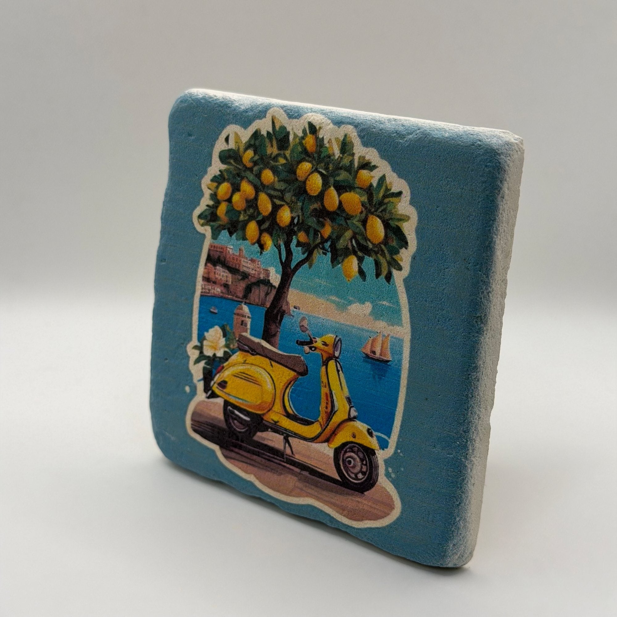 Vintage yellow scooter artwork printed on square travertine stone coaster