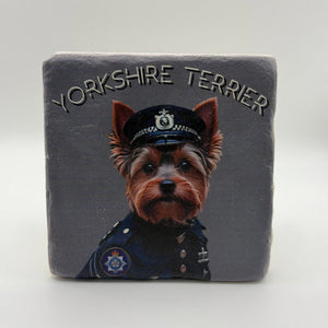 Yorkshire Terrier breed portrait printed on square travertine stone coaster