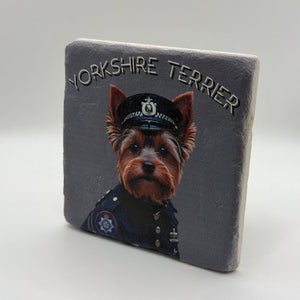 Yorkshire Terrier breed portrait printed on square travertine stone coaster