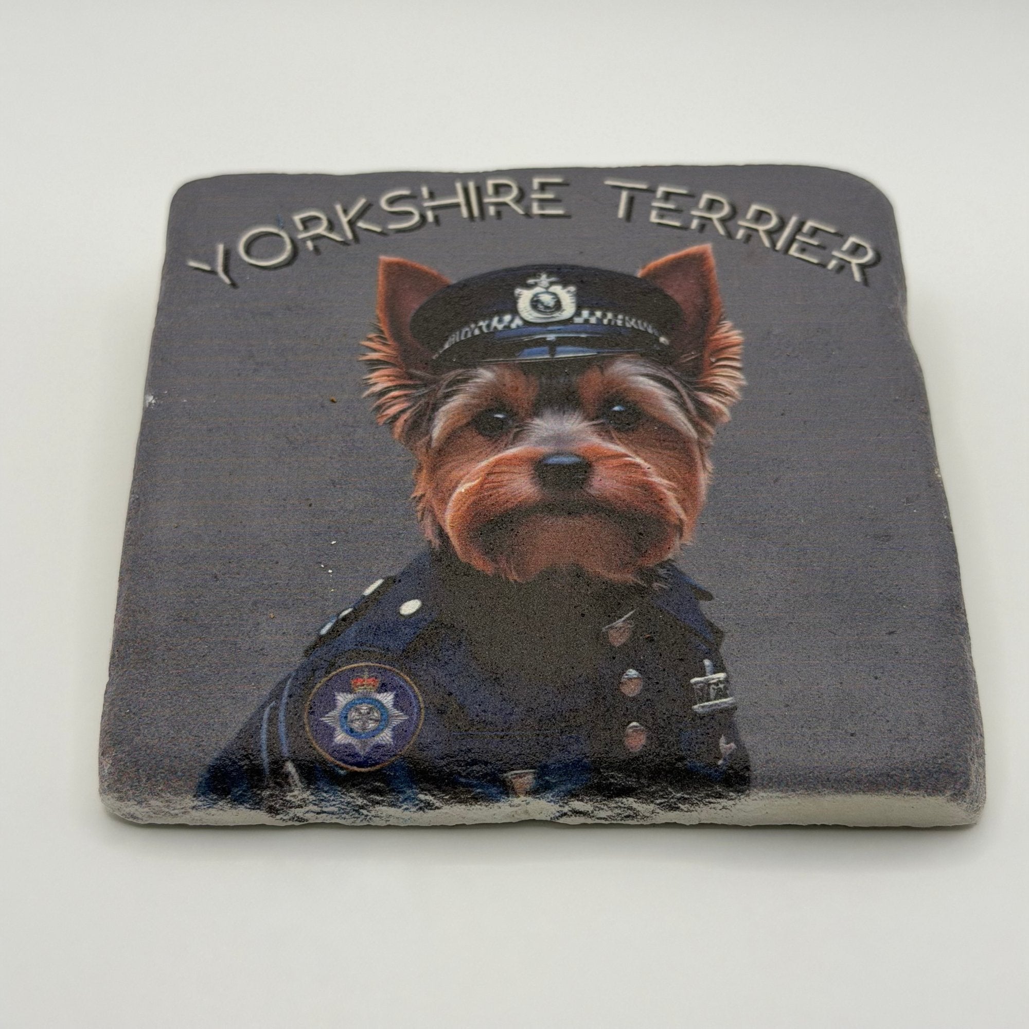 Yorkshire Terrier breed portrait printed on square travertine stone coaster