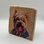 Cute Yorkshire Terrier artwork printed on square travertine stone coaster
