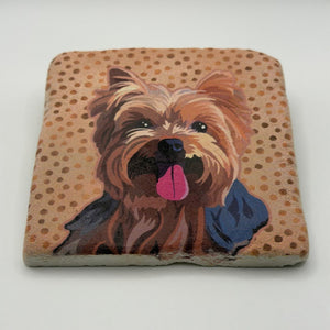 Cute Yorkshire Terrier artwork printed on square travertine stone coaster