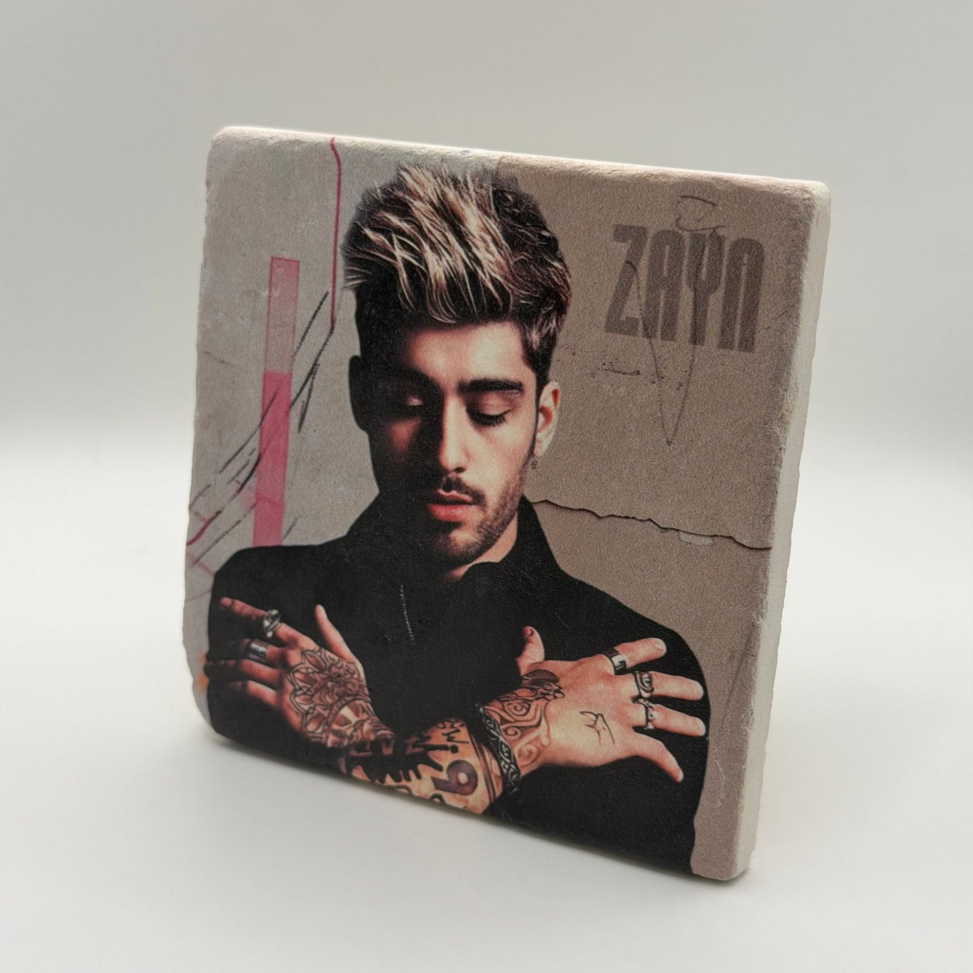 Zayn Malik artwork printed on square travertine stone coaster